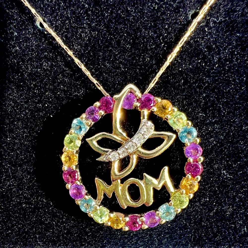 10K Yellow Gold "MOM" Circle Pendant With Multi-gems on Delicate Chain